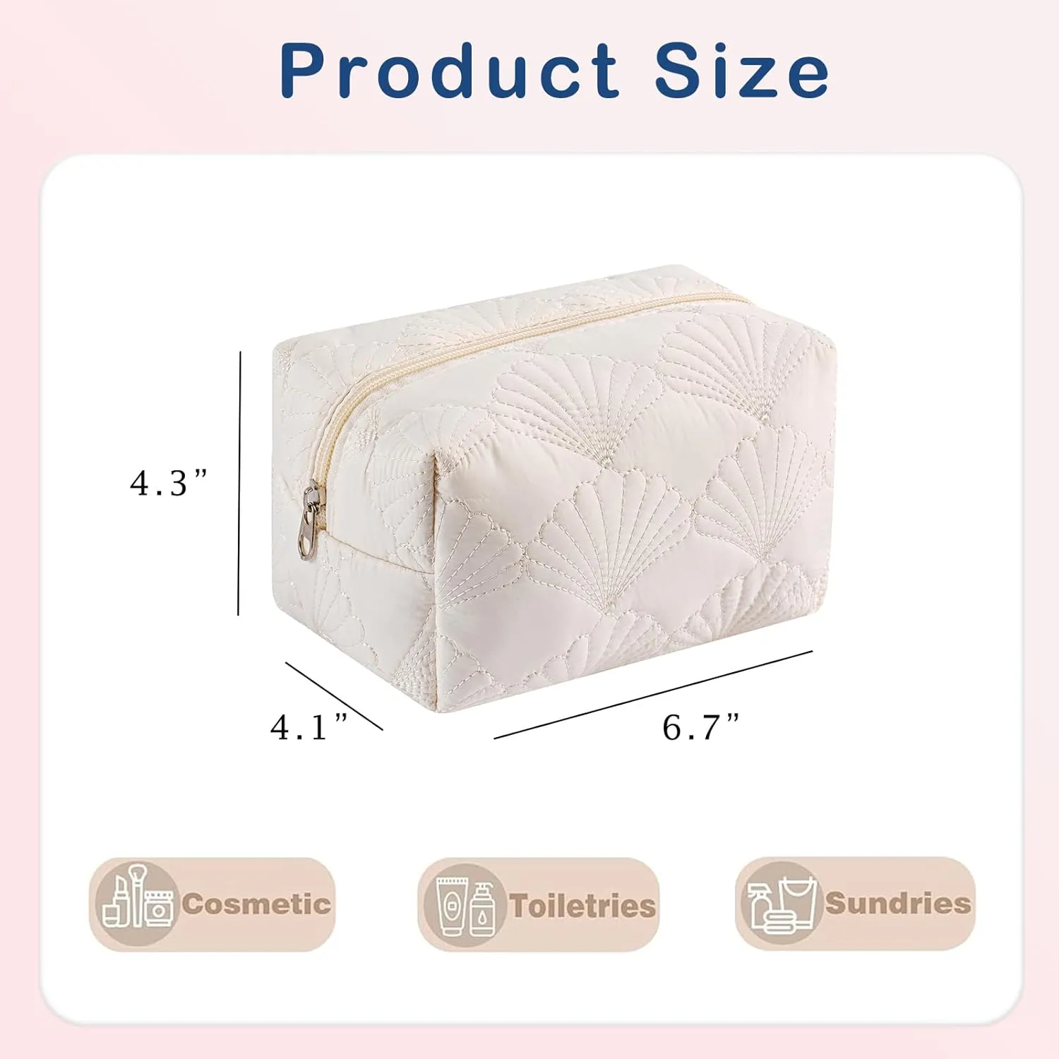 Small Quilted Cotton Coquette Makeup bag, White Coastal Granddaughter Aesthetic Cosmetic Bag, Cute Seashell Portable Travel Toiletry Pouch (07Small White)