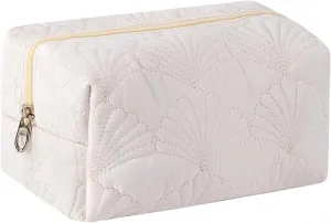 Small Quilted Cotton Coquette Makeup bag, White Coastal Granddaughter Aesthetic Cosmetic Bag, Cute Seashell Portable Travel Toiletry Pouch (07Small White)