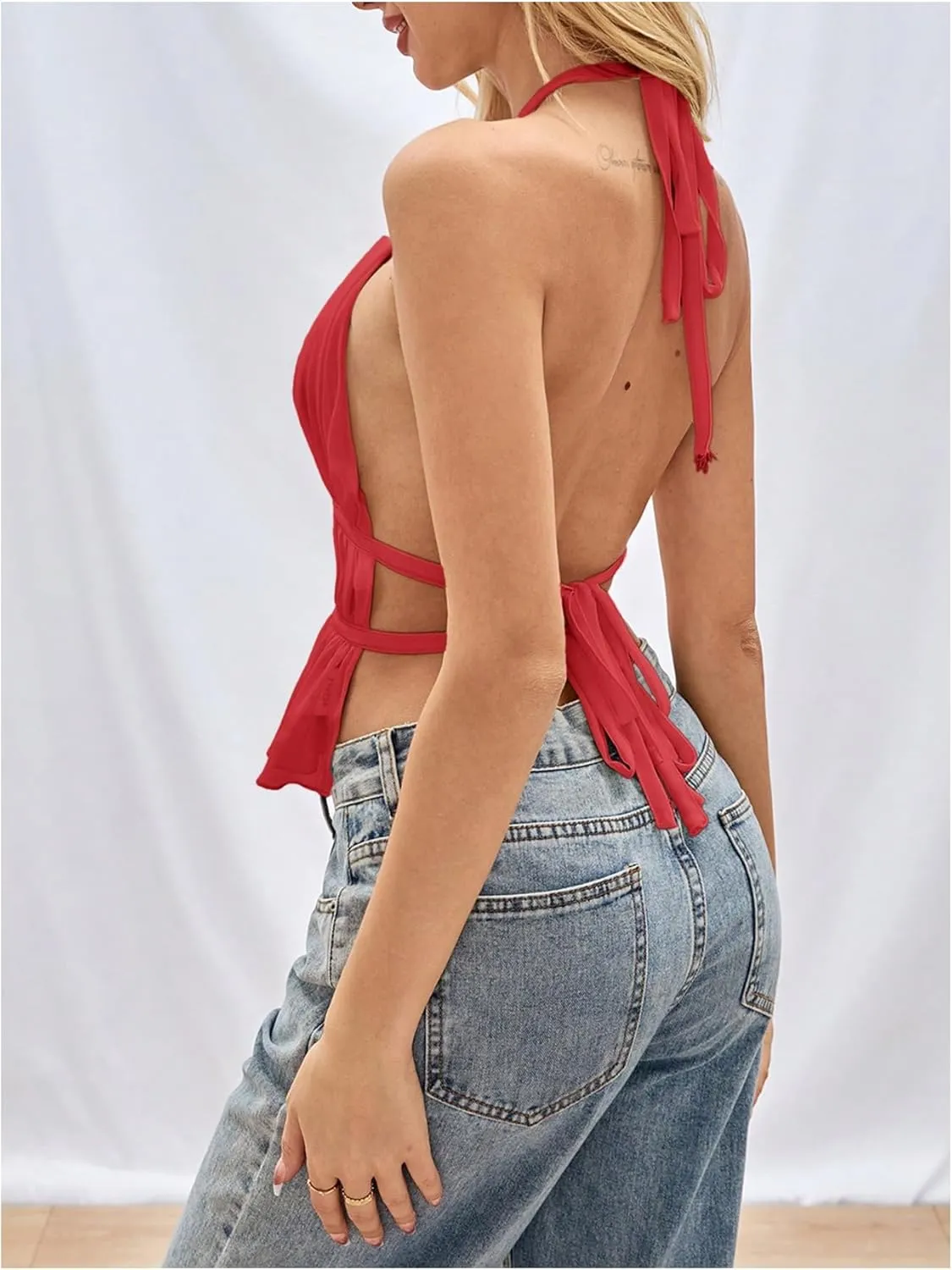 SOLY HUX Women's Ruffle Halter Neck Camisole Sleeveless Open Back Cute Party Going Out Tops