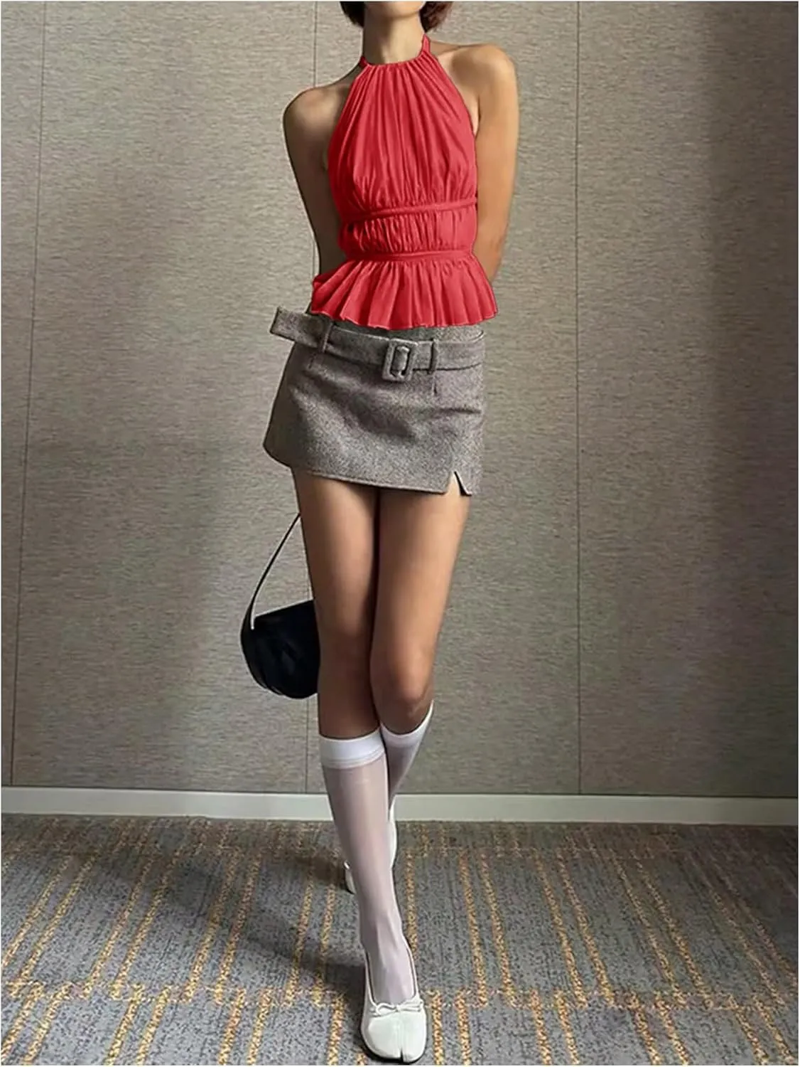 SOLY HUX Women's Ruffle Halter Neck Camisole Sleeveless Open Back Cute Party Going Out Tops