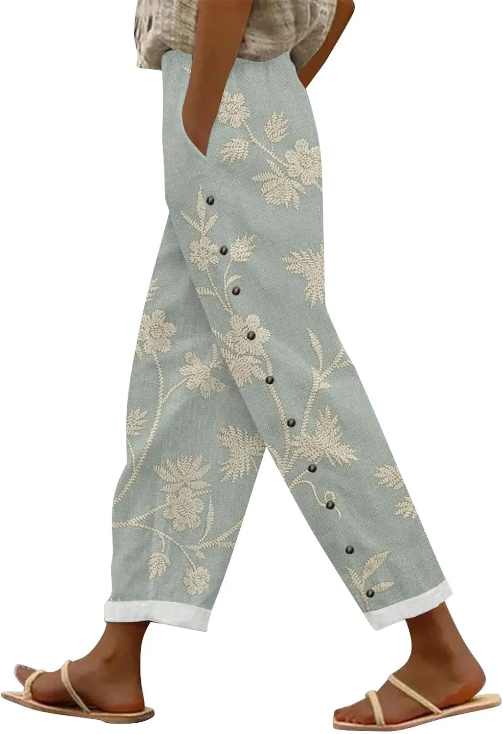 Striped Linen Capris Women Elastic Waistband High Waistband Pocket Pants Side Nine Point Pants Loose Casual H