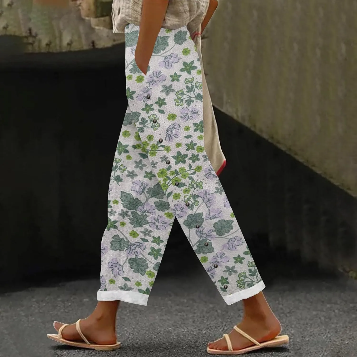 Striped Linen Capris Women Elastic Waistband High Waistband Pocket Pants Side Nine Point Pants Loose Casual H