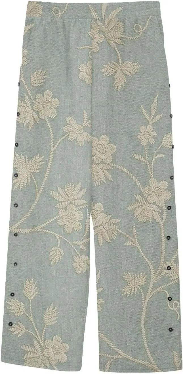 Striped Linen Capris Women Elastic Waistband High Waistband Pocket Pants Side Nine Point Pants Loose Casual H