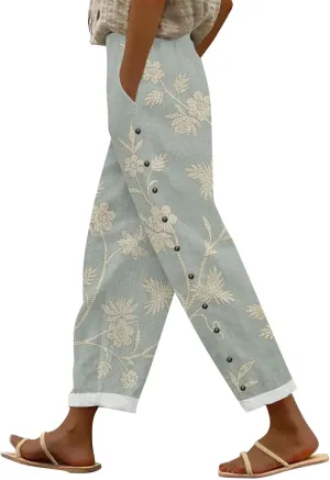 Striped Linen Capris Women Elastic Waistband High Waistband Pocket Pants Side Nine Point Pants Loose Casual H