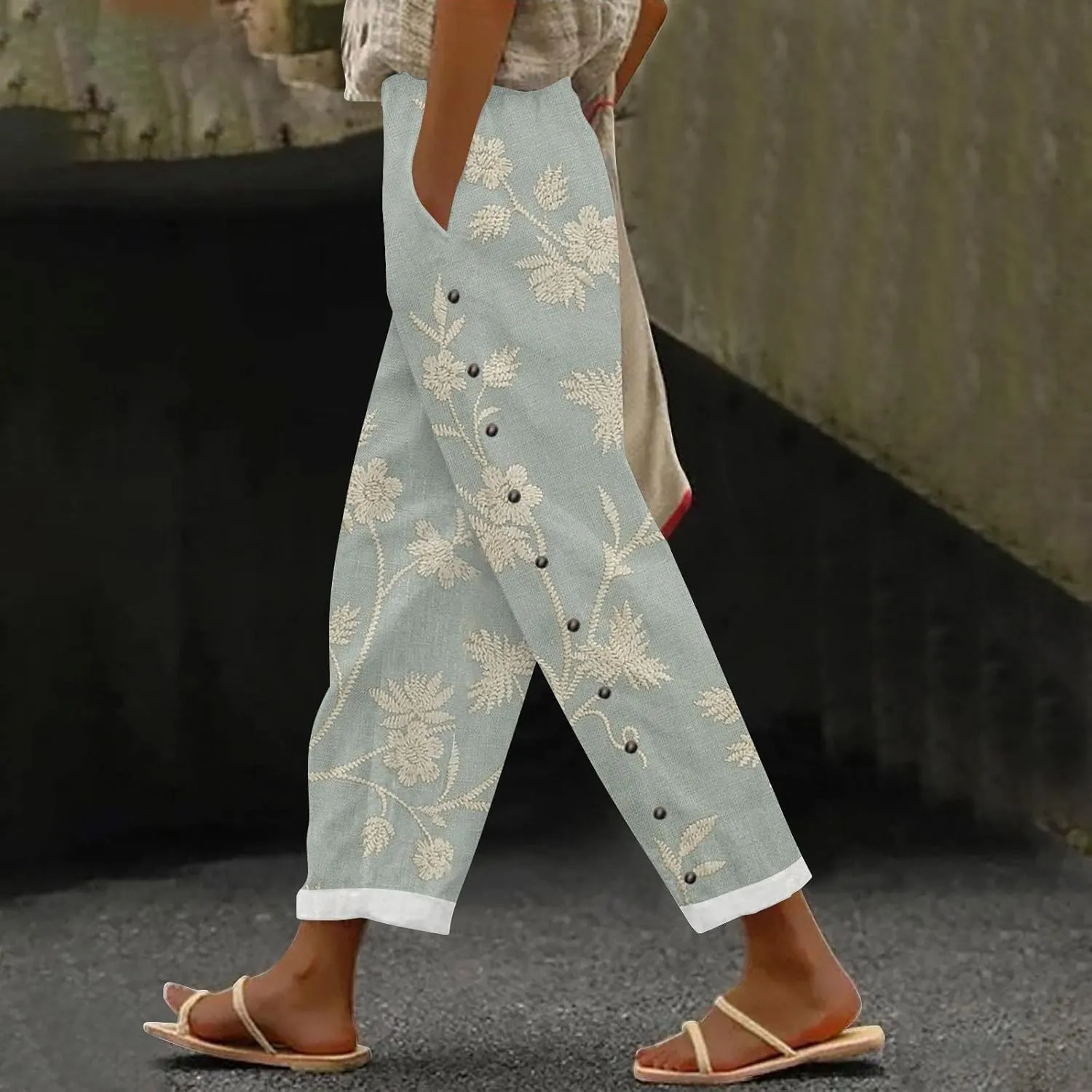 Striped Linen Capris Women Elastic Waistband High Waistband Pocket Pants Side Nine Point Pants Loose Casual H
