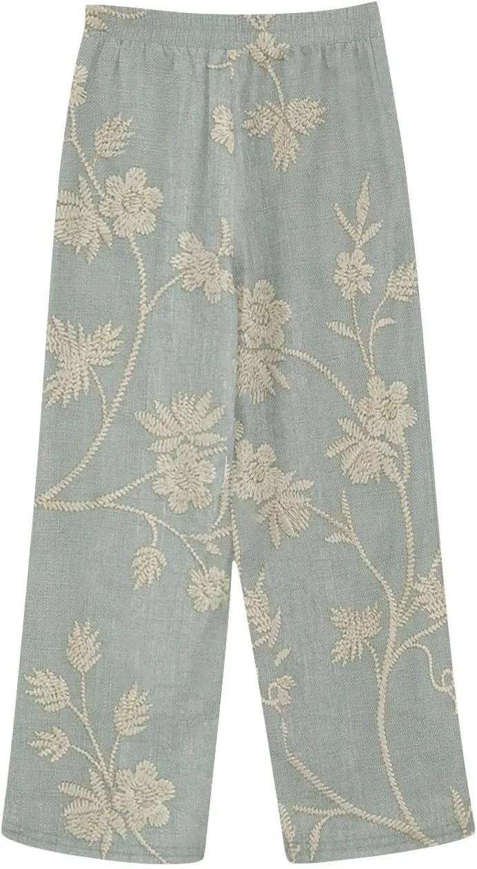 Striped Linen Capris Women Elastic Waistband High Waistband Pocket Pants Side Nine Point Pants Loose Casual H