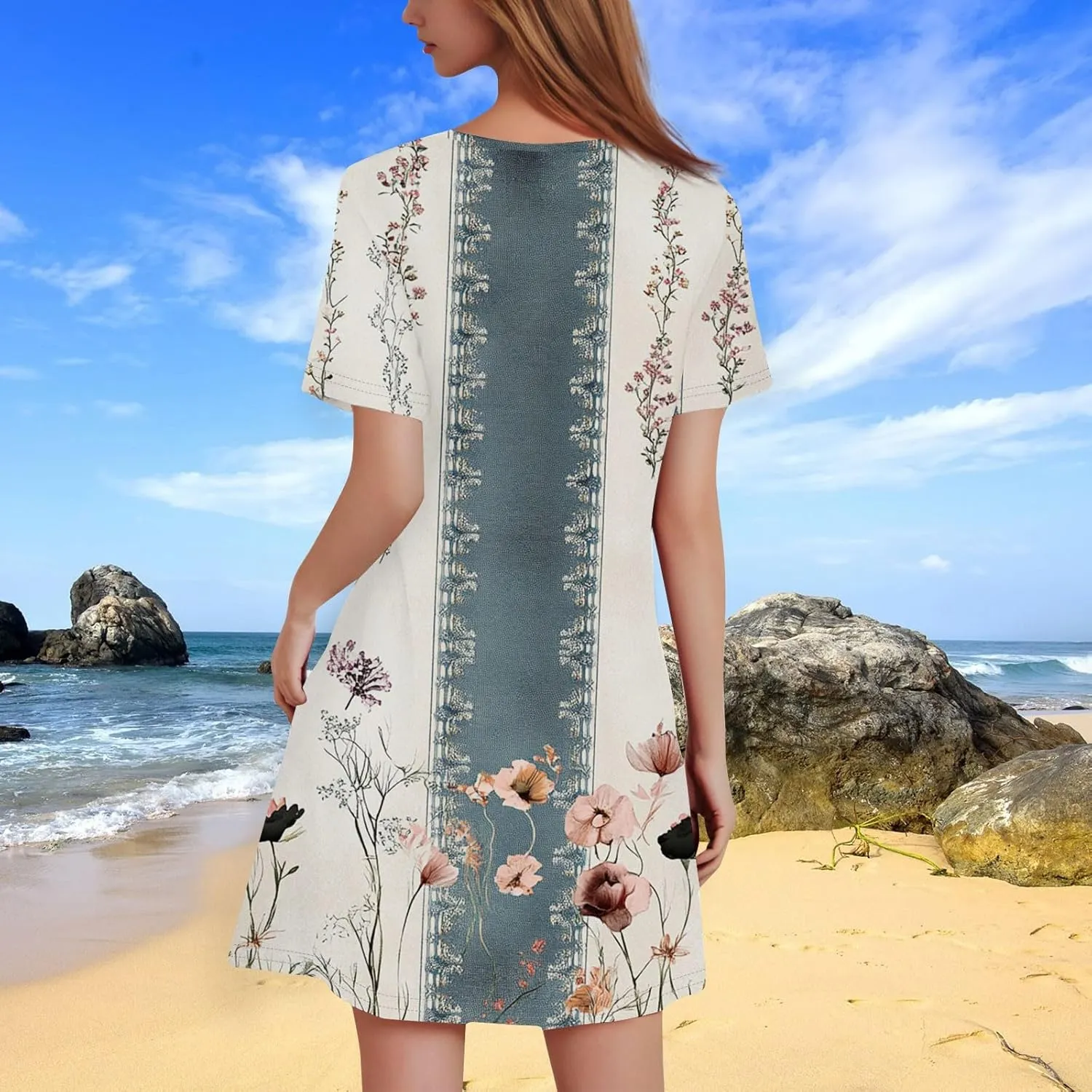 Summer Dresses for Women 2025 Flowy Beach Mini Dress Casual Short Sleeve T Shirt Dress Floral Loose A-Line Dresses Plus Size