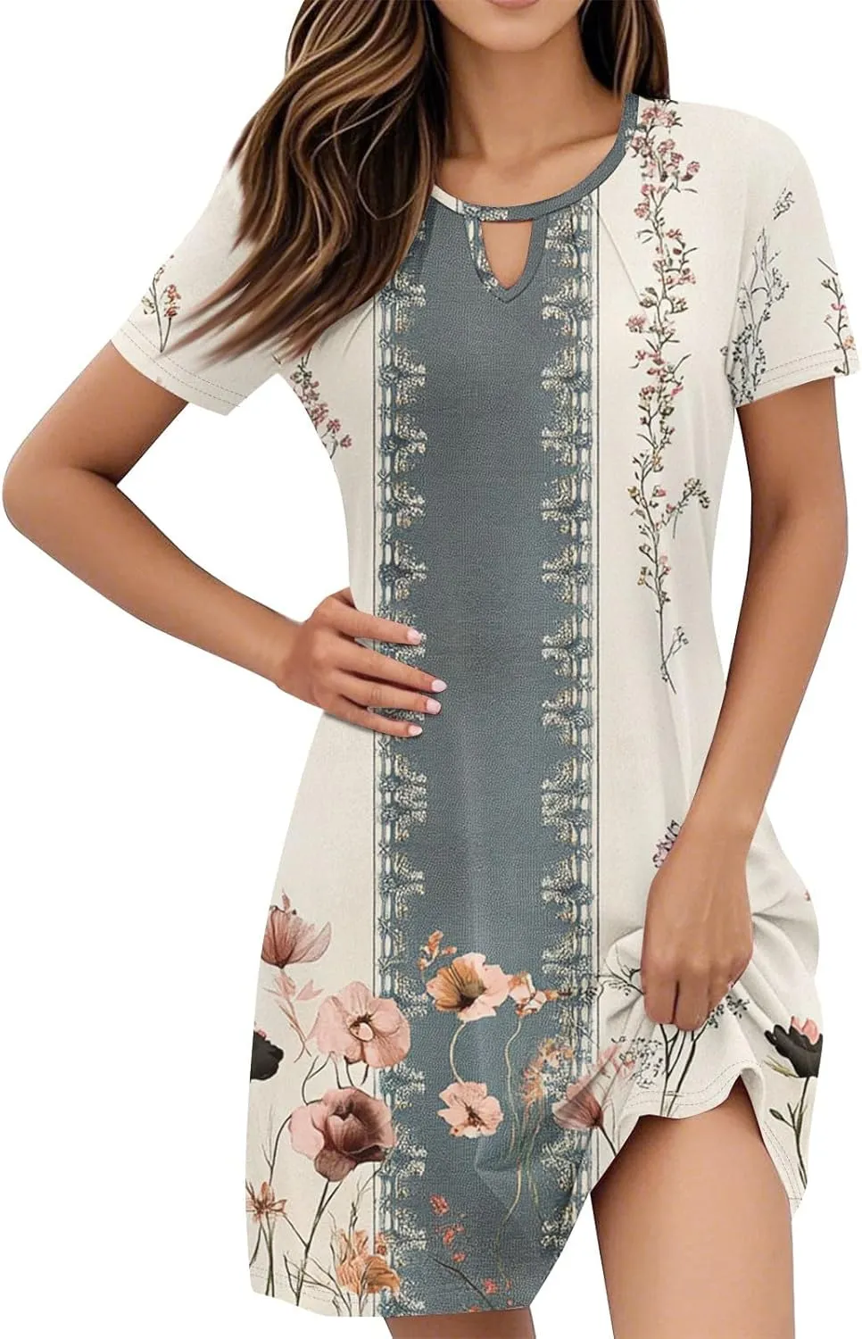 Summer Dresses for Women 2025 Flowy Beach Mini Dress Casual Short Sleeve T Shirt Dress Floral Loose A-Line Dresses Plus Size