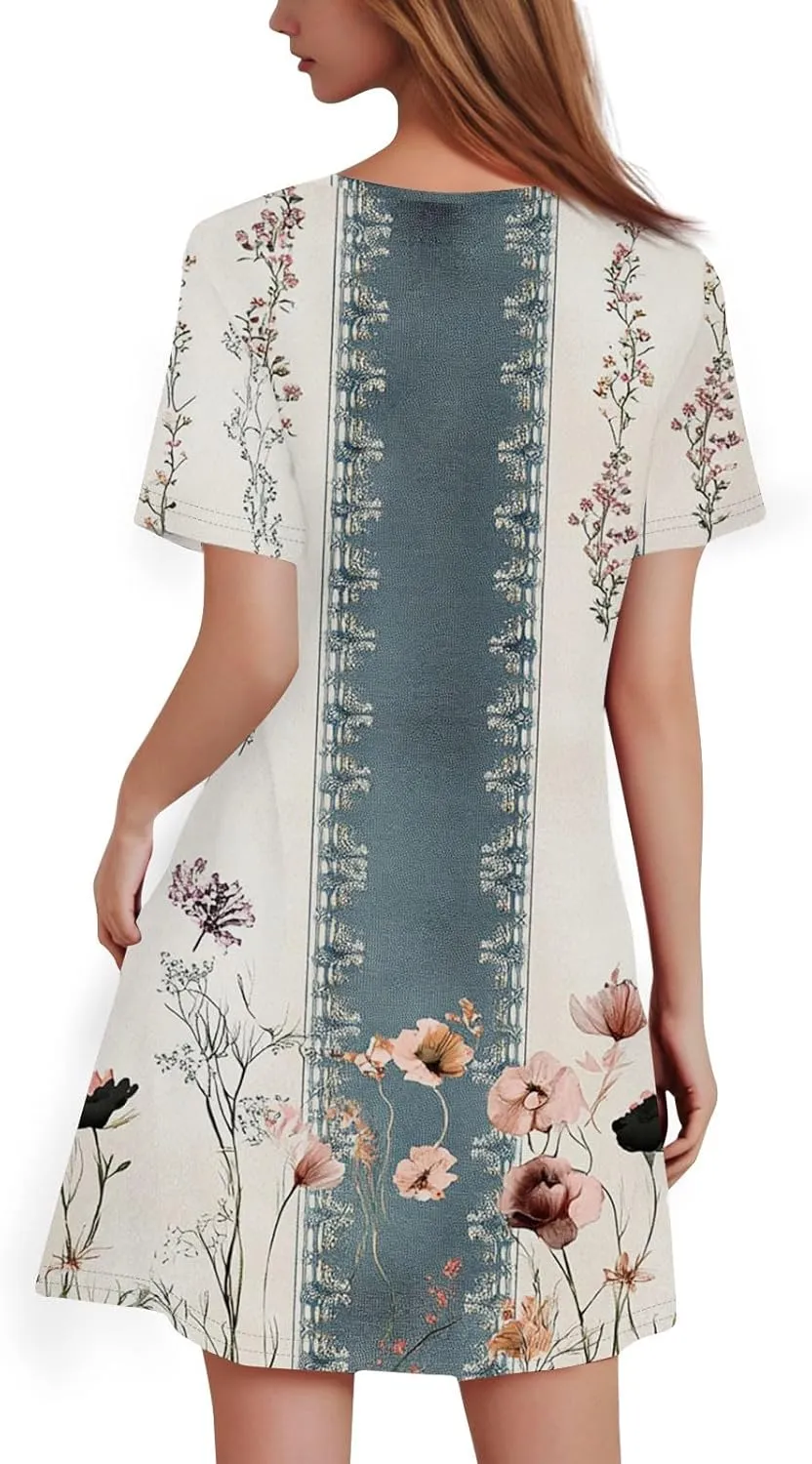 Summer Dresses for Women 2025 Flowy Beach Mini Dress Casual Short Sleeve T Shirt Dress Floral Loose A-Line Dresses Plus Size