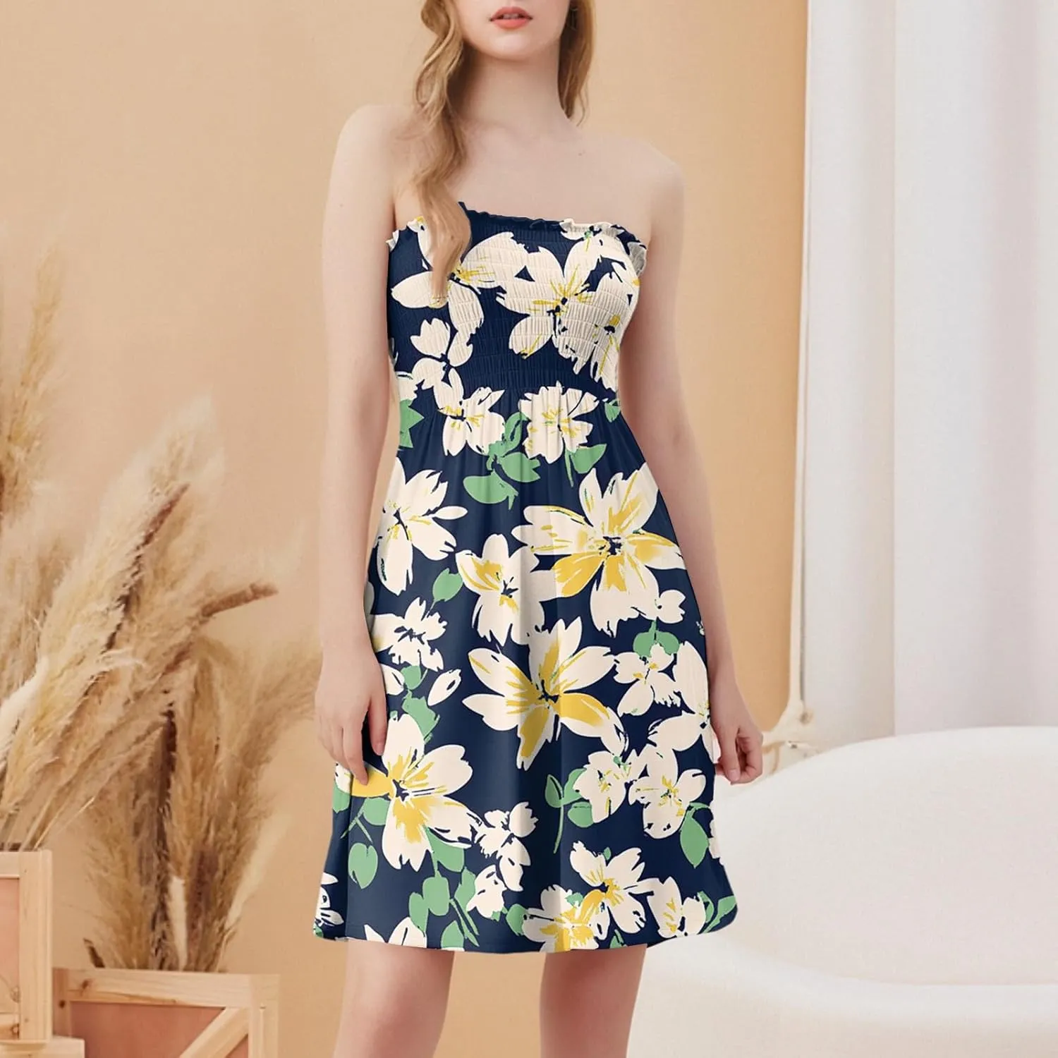 Summer Dresses for Women Strapless Casual Mini Beach Cover Ups Tube Top Boho Floral Print Sundress