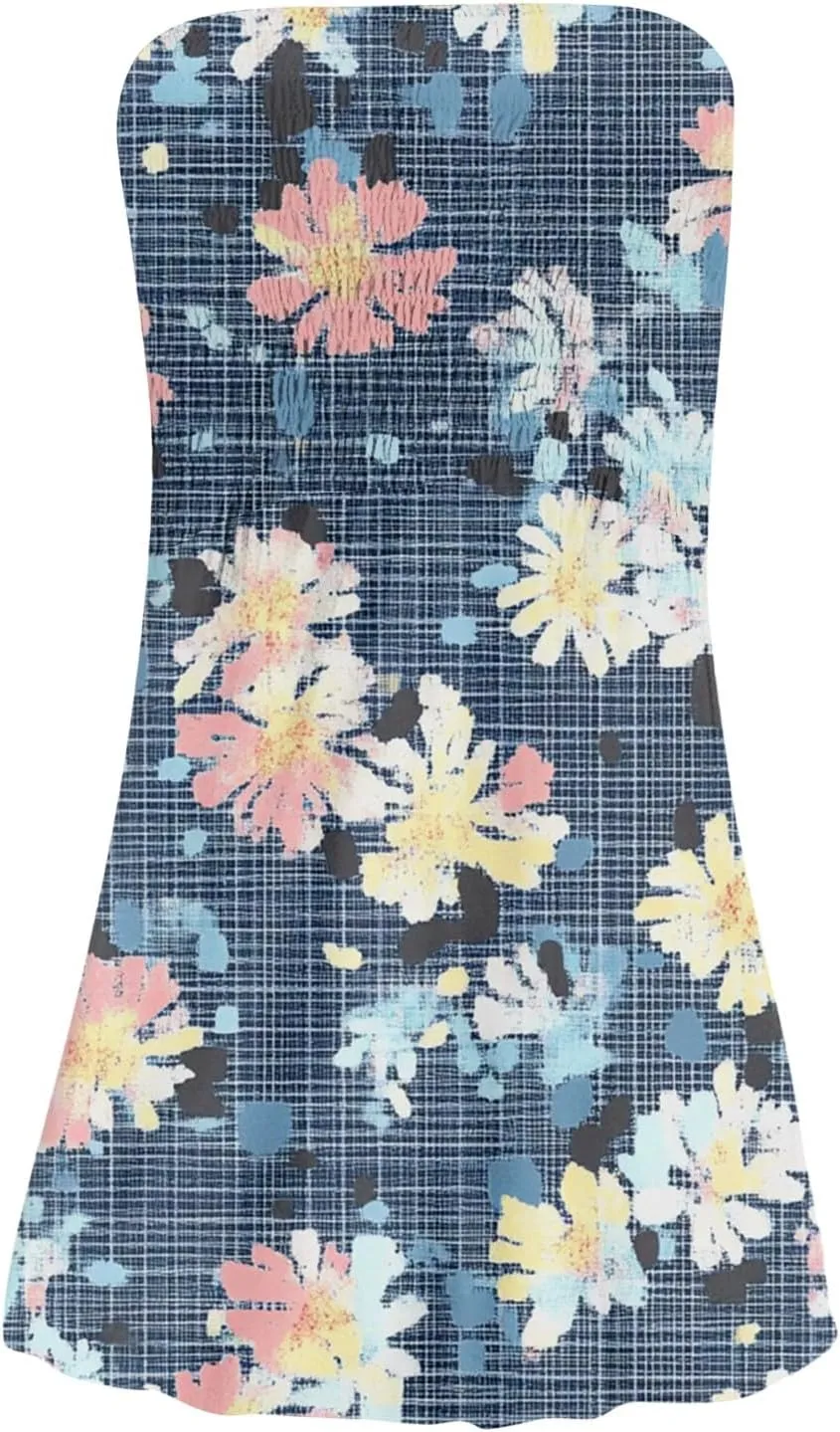 Summer Dresses for Women Strapless Casual Mini Beach Cover Ups Tube Top Boho Floral Print Sundress