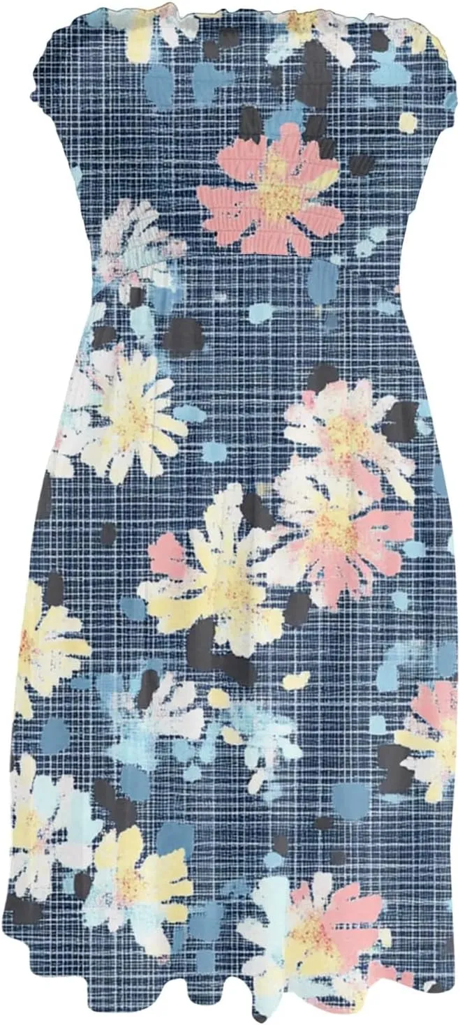 Summer Dresses for Women Strapless Casual Mini Beach Cover Ups Tube Top Boho Floral Print Sundress