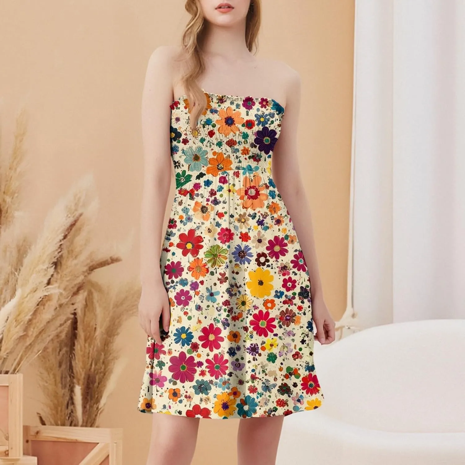 Summer Dresses for Women Strapless Casual Mini Beach Cover Ups Tube Top Boho Floral Print Sundress