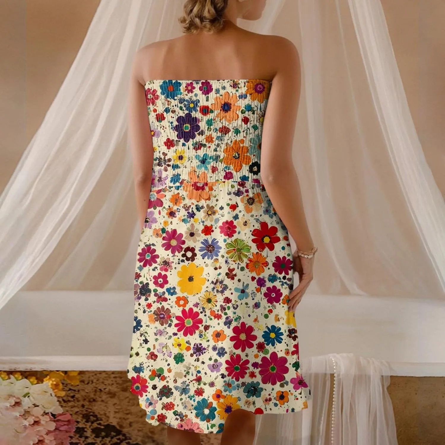 Summer Dresses for Women Strapless Casual Mini Beach Cover Ups Tube Top Boho Floral Print Sundress