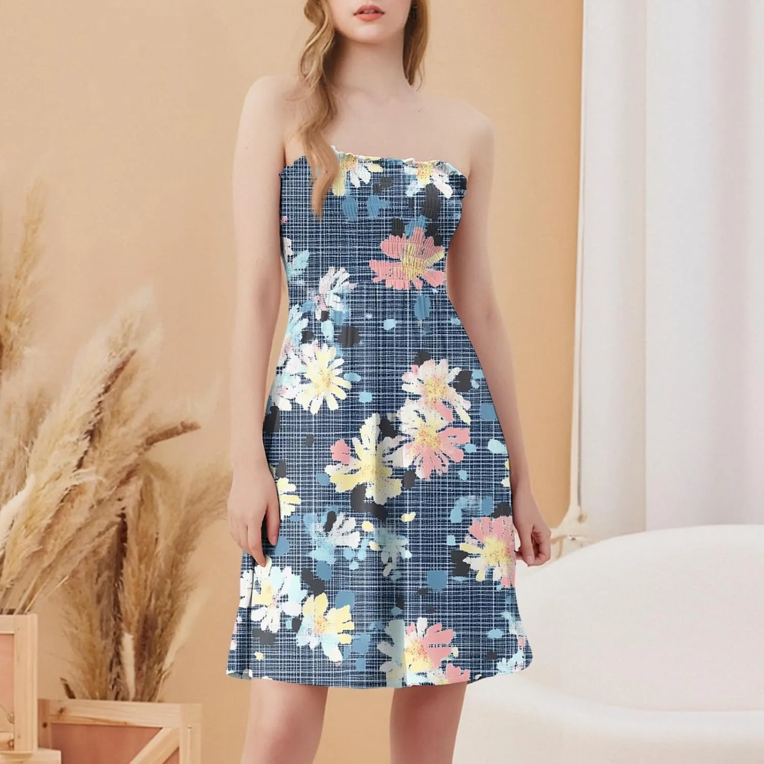 Summer Dresses for Women Strapless Casual Mini Beach Cover Ups Tube Top Boho Floral Print Sundress