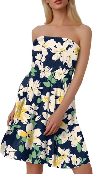 Summer Dresses for Women Strapless Casual Mini Beach Cover Ups Tube Top Boho Floral Print Sundress