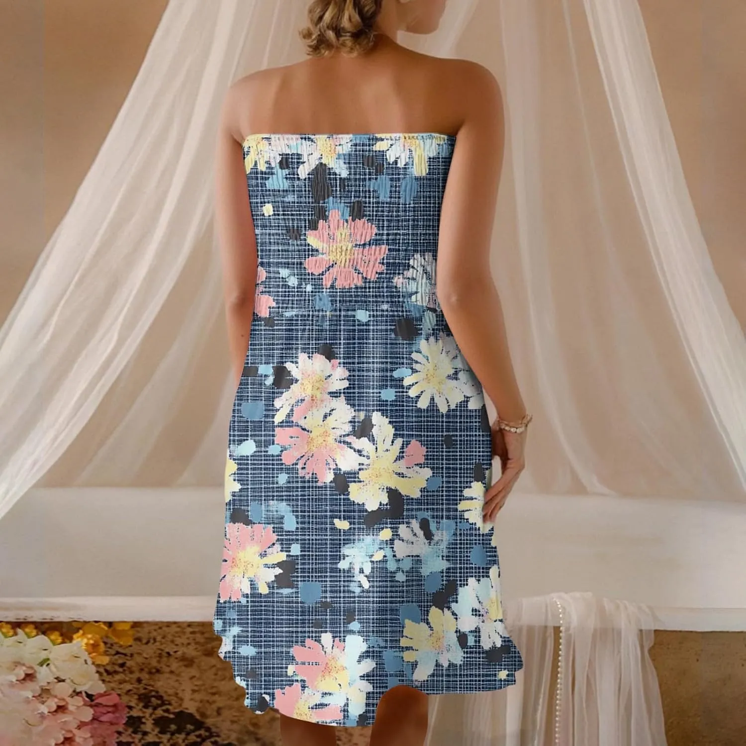 Summer Dresses for Women Strapless Casual Mini Beach Cover Ups Tube Top Boho Floral Print Sundress