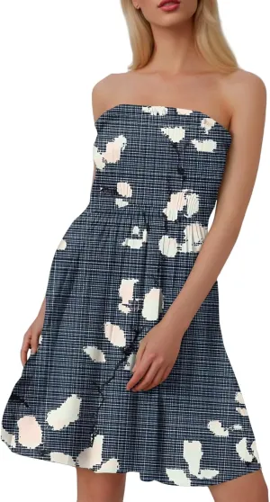 Summer Dresses for Women Strapless Casual Mini Beach Cover Ups Tube Top Boho Floral Print Sundress
