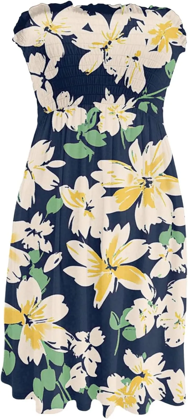 Summer Dresses for Women Strapless Casual Mini Beach Cover Ups Tube Top Boho Floral Print Sundress