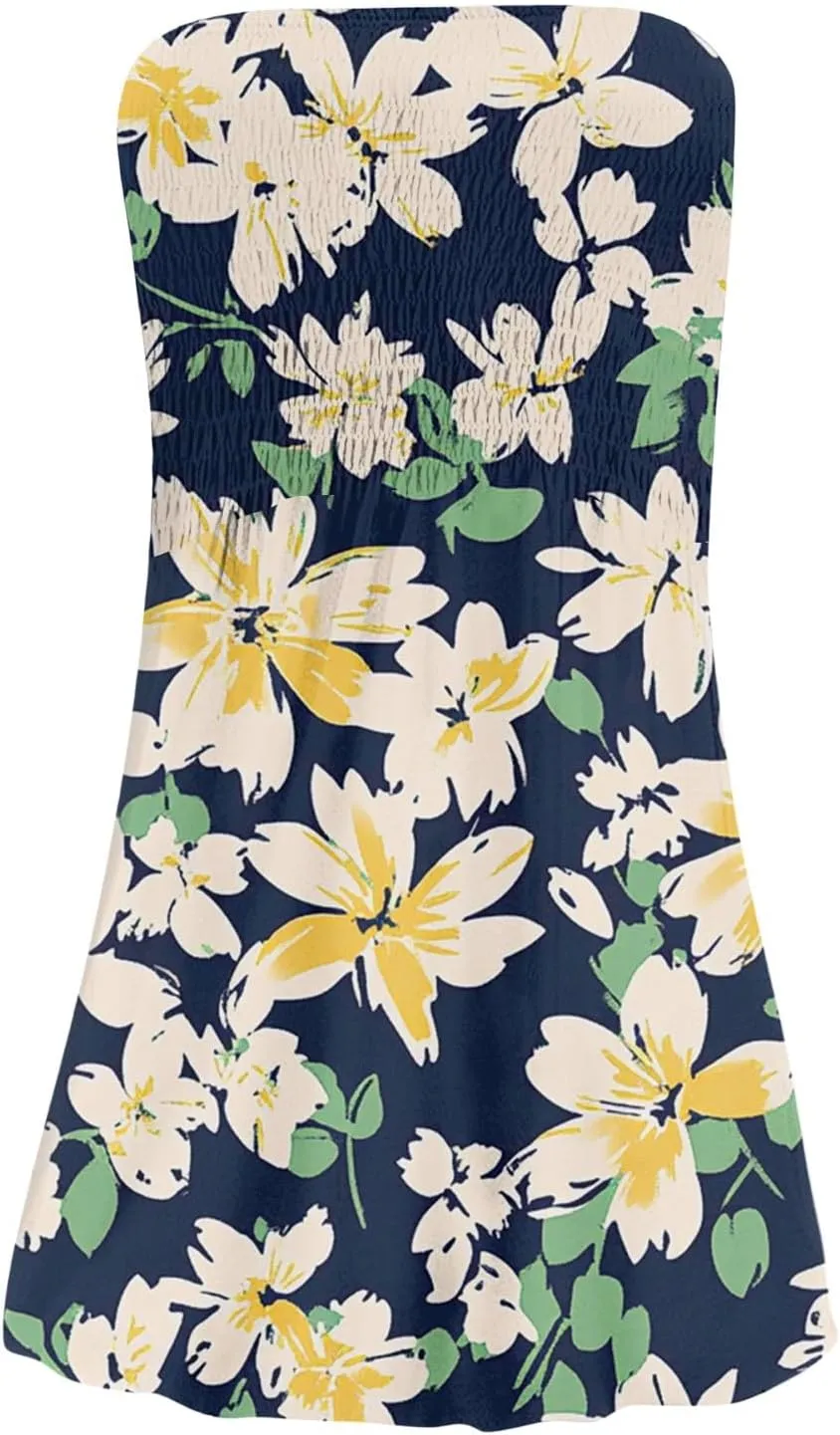 Summer Dresses for Women Strapless Casual Mini Beach Cover Ups Tube Top Boho Floral Print Sundress
