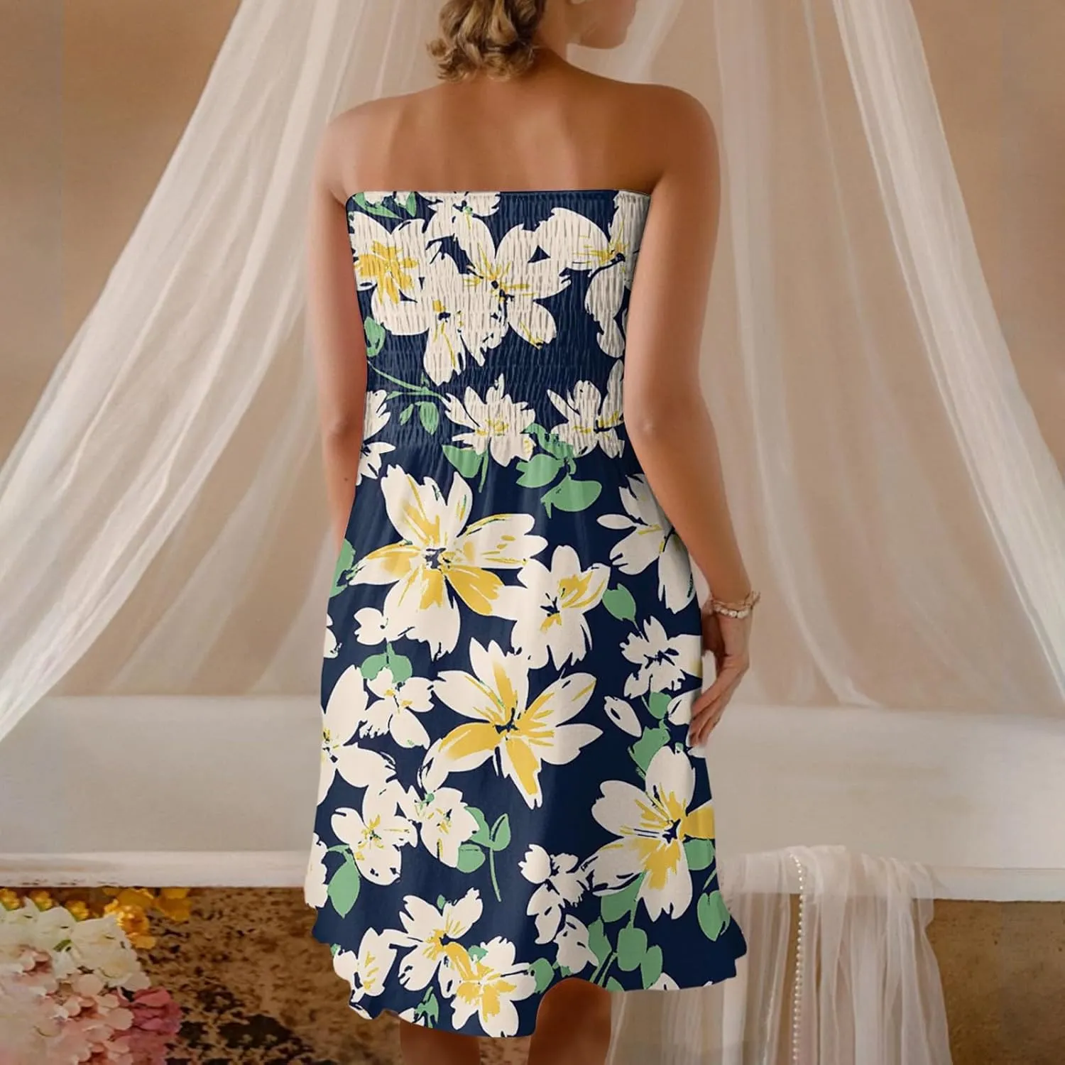 Summer Dresses for Women Strapless Casual Mini Beach Cover Ups Tube Top Boho Floral Print Sundress