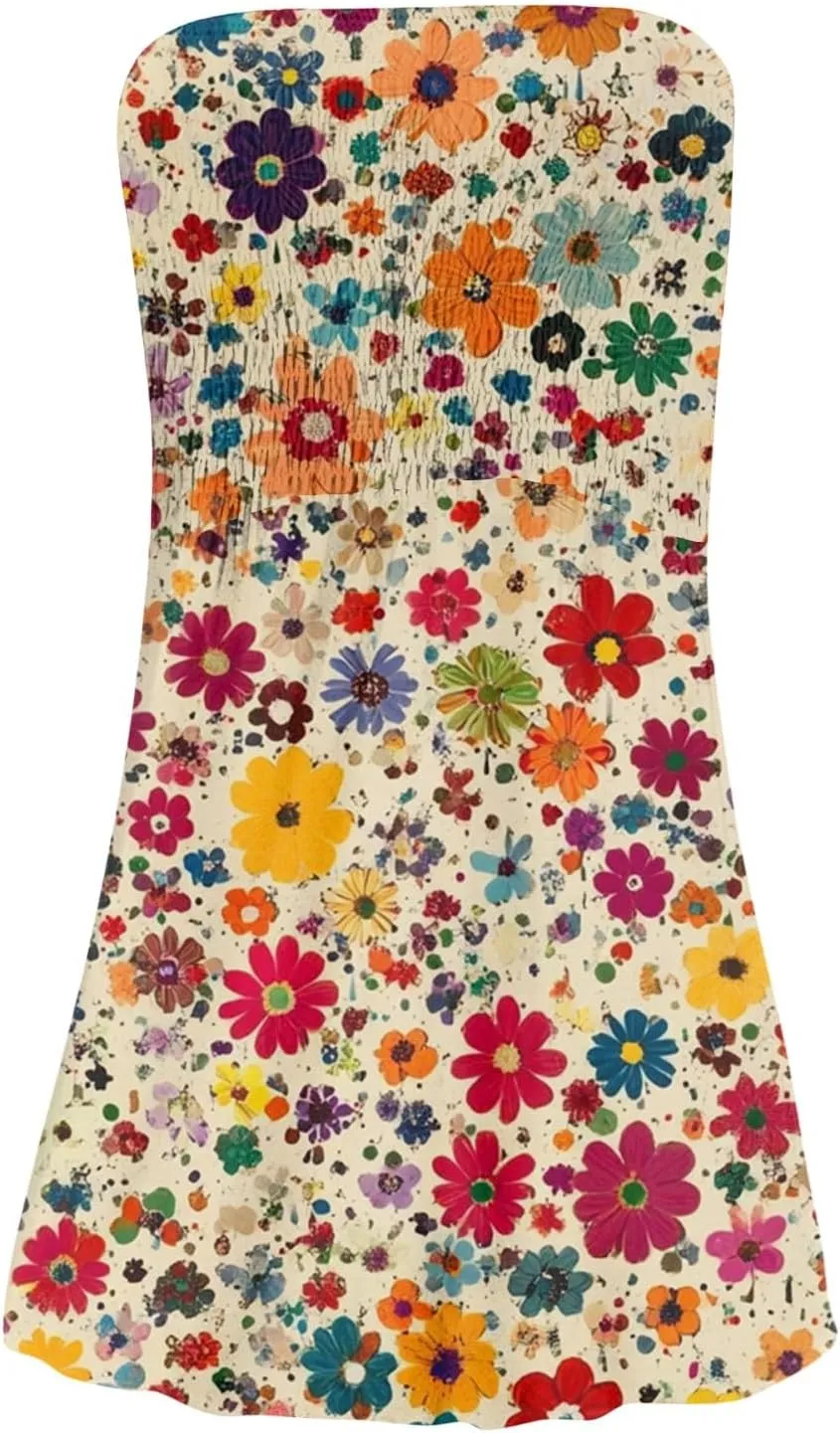 Summer Dresses for Women Strapless Casual Mini Beach Cover Ups Tube Top Boho Floral Print Sundress