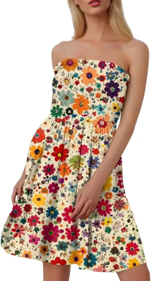 Summer Dresses for Women Strapless Casual Mini Beach Cover Ups Tube Top Boho Floral Print Sundress