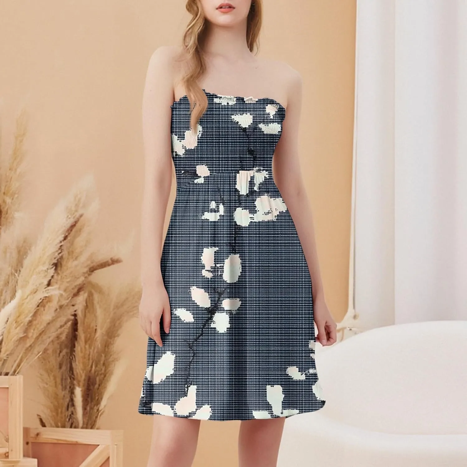 Summer Dresses for Women Strapless Casual Mini Beach Cover Ups Tube Top Boho Floral Print Sundress