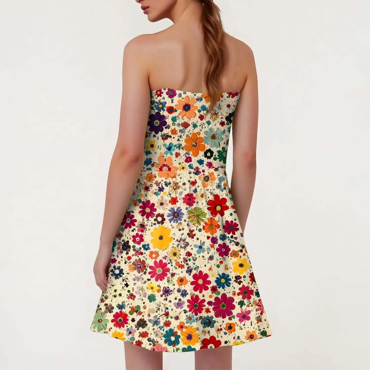 Summer Dresses for Women Strapless Casual Mini Beach Cover Ups Tube Top Boho Floral Print Sundress