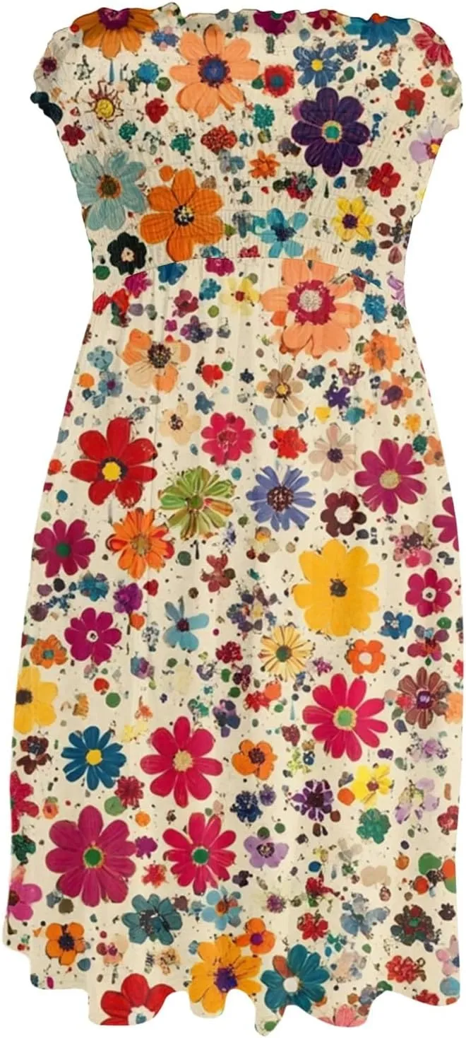 Summer Dresses for Women Strapless Casual Mini Beach Cover Ups Tube Top Boho Floral Print Sundress