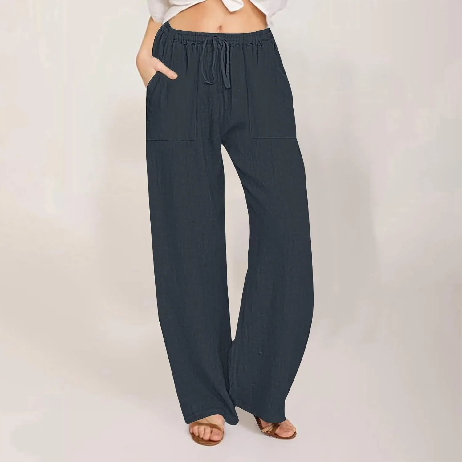 Summer Linen Pants for Women Trendy 2025 High Waisted Drawstring Lounge Trousers Flowy Boho Beach Pant Vacation Outfits