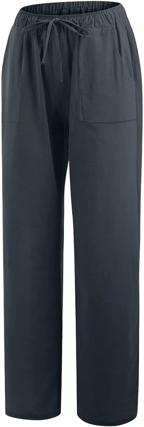 Summer Linen Pants for Women Trendy 2025 High Waisted Drawstring Lounge Trousers Flowy Boho Beach Pant Vacation Outfits