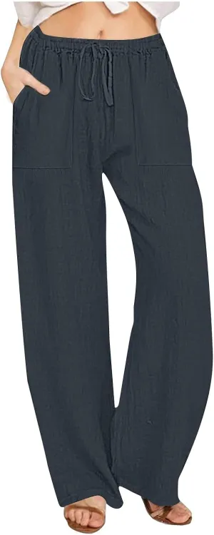 Summer Linen Pants for Women Trendy 2025 High Waisted Drawstring Lounge Trousers Flowy Boho Beach Pant Vacation Outfits