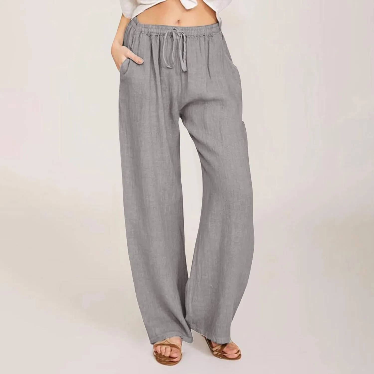 Summer Linen Pants Women Wide Leg Beach Pants Casual Drawstring High Waisted Work Pants with Pockets Flowy Palazzo Trousers