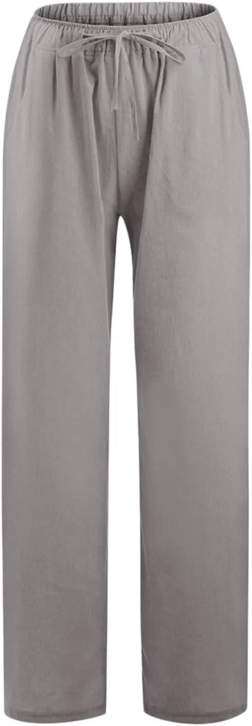 Summer Linen Pants Women Wide Leg Beach Pants Casual Drawstring High Waisted Work Pants with Pockets Flowy Palazzo Trousers