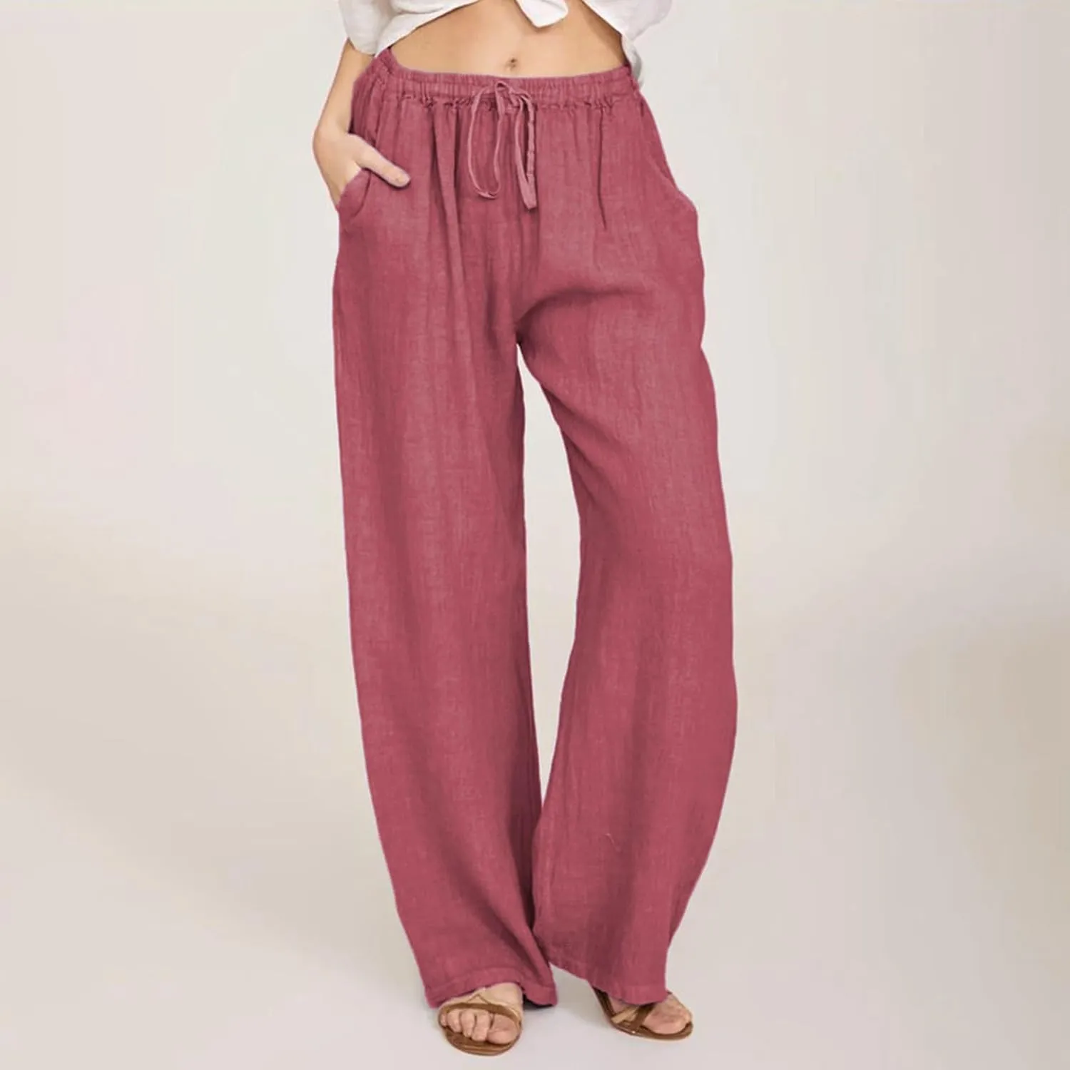 Summer Linen Pants Women Wide Leg Beach Pants Casual Drawstring High Waisted Work Pants with Pockets Flowy Palazzo Trousers