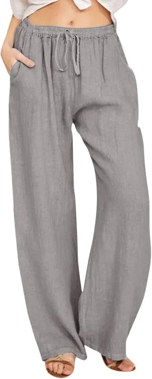 Summer Linen Pants Women Wide Leg Beach Pants Casual Drawstring High Waisted Work Pants with Pockets Flowy Palazzo Trousers
