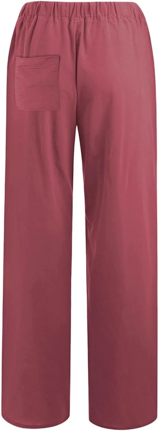 Summer Linen Pants Women Wide Leg Beach Pants Casual Drawstring High Waisted Work Pants with Pockets Flowy Palazzo Trousers