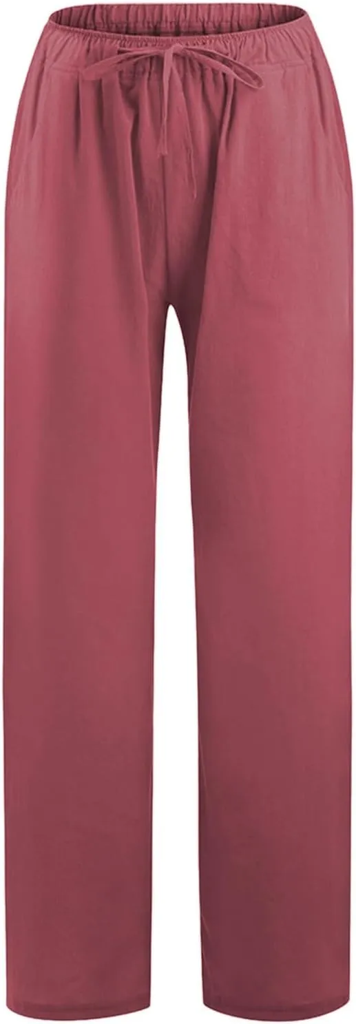 Summer Linen Pants Women Wide Leg Beach Pants Casual Drawstring High Waisted Work Pants with Pockets Flowy Palazzo Trousers