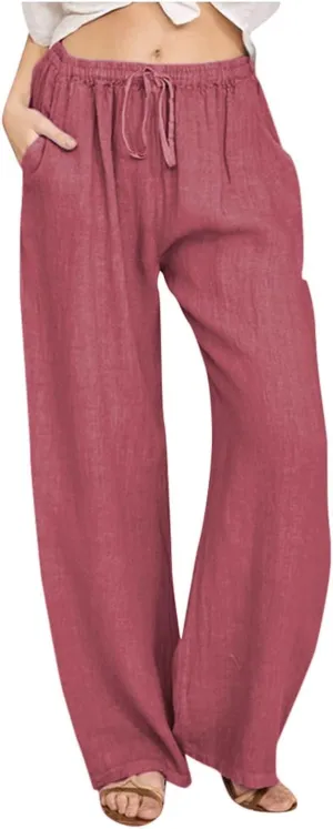 Summer Linen Pants Women Wide Leg Beach Pants Casual Drawstring High Waisted Work Pants with Pockets Flowy Palazzo Trousers