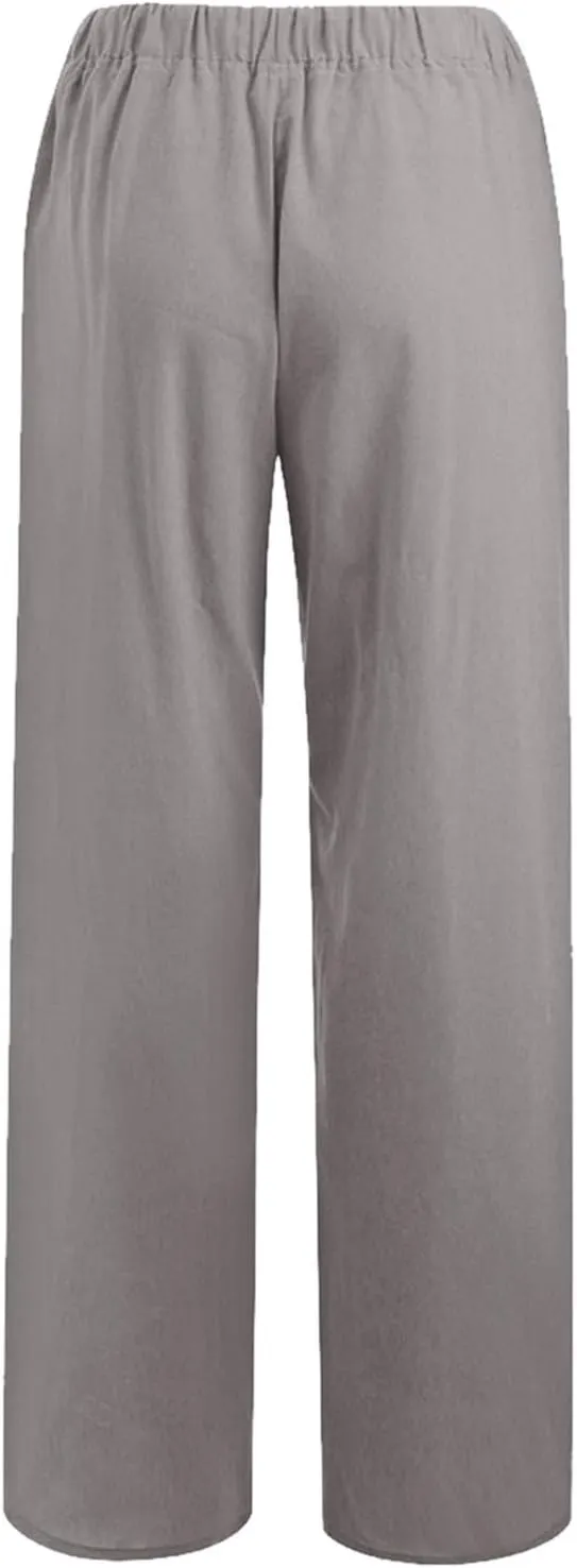 Summer Linen Pants Women Wide Leg Beach Pants Casual Drawstring High Waisted Work Pants with Pockets Flowy Palazzo Trousers