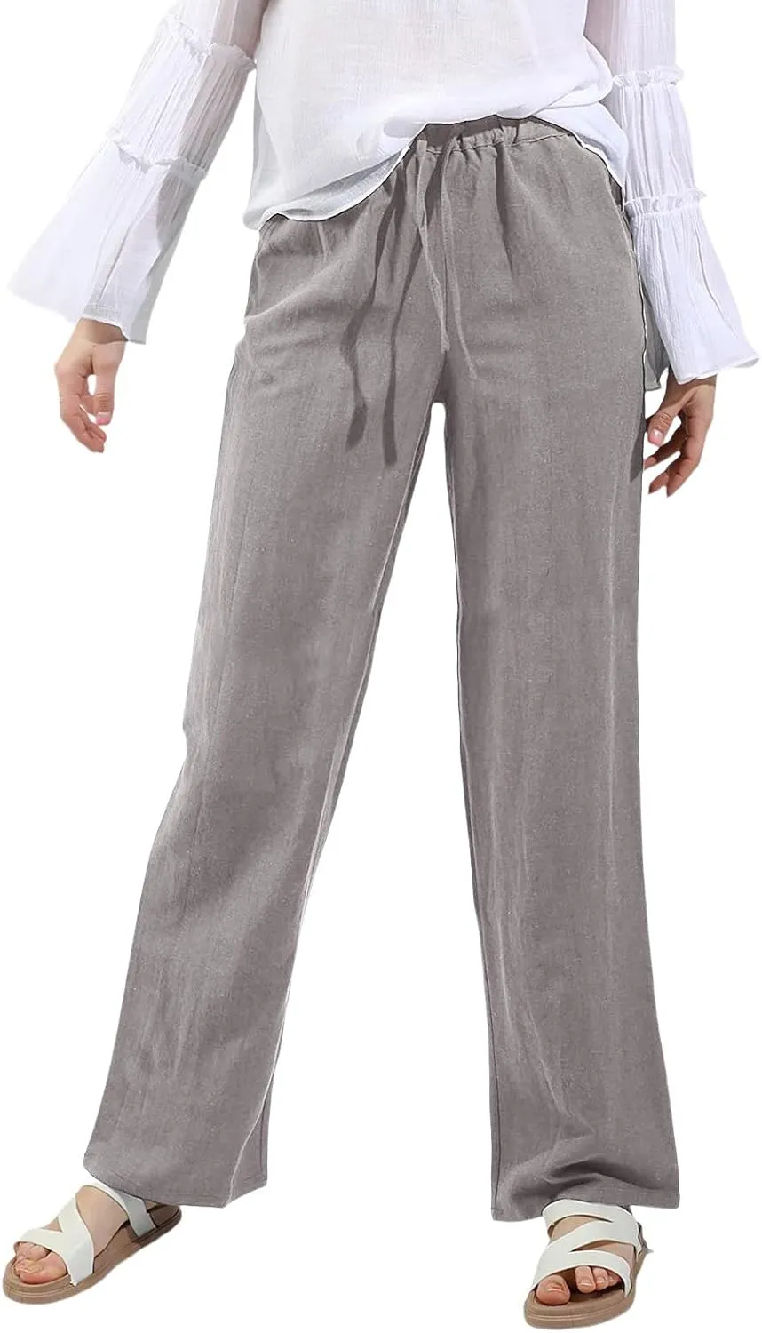 Summer Linen Pants Women Wide Leg Beach Pants Casual Drawstring High Waisted Work Pants with Pockets Flowy Palazzo Trousers