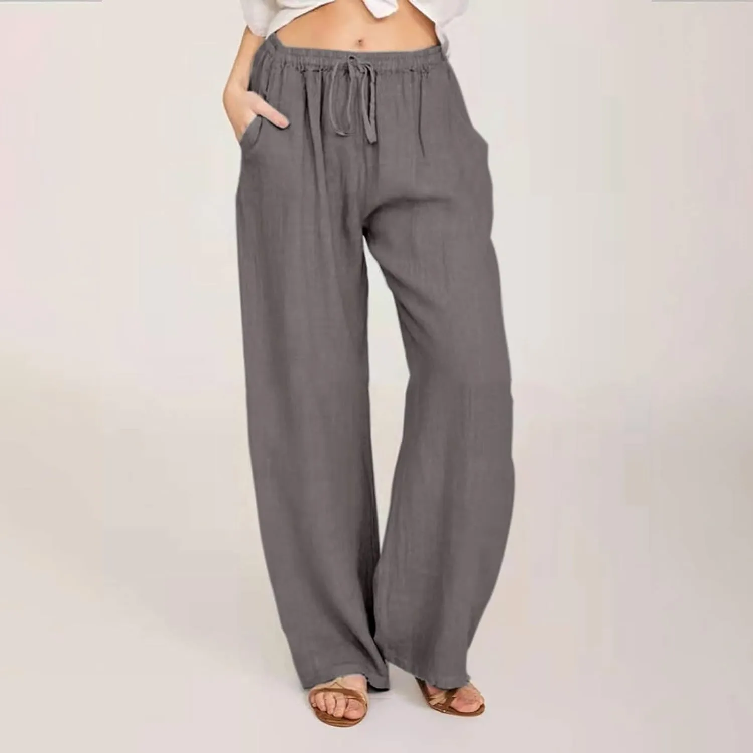 Summer Pants for Women Solid Color Casual Cotton Linen Pants 2025 Vacation Outfits Baggy Drawstring Trousers