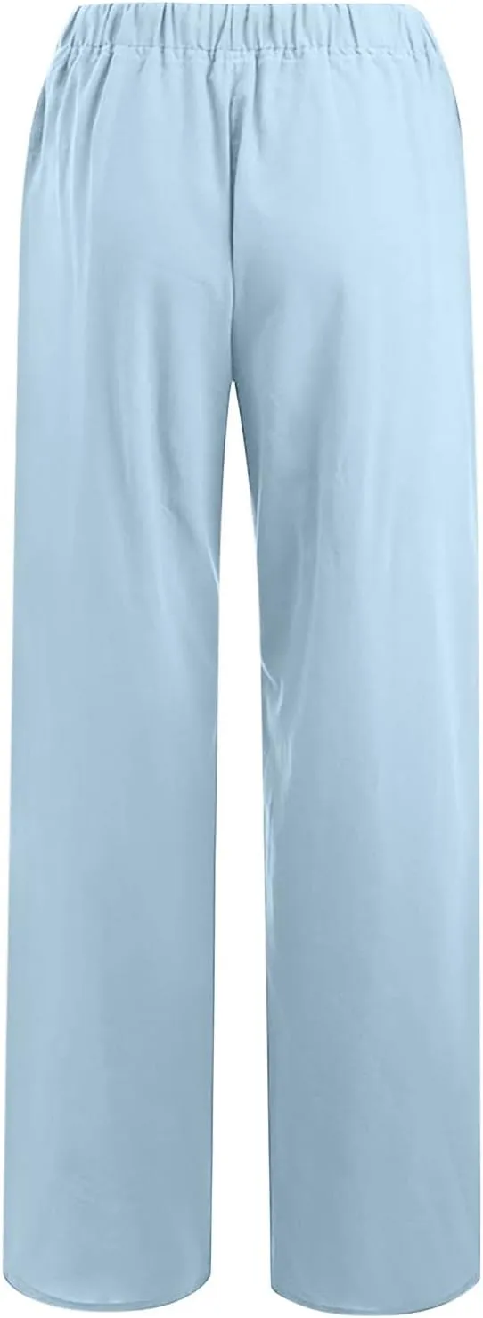 Summer Pants for Women Solid Color Casual Cotton Linen Pants 2025 Vacation Outfits Baggy Drawstring Trousers