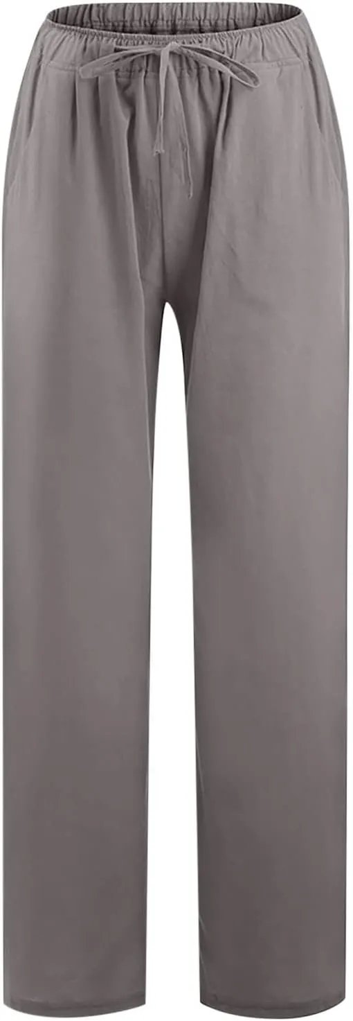 Summer Pants for Women Solid Color Casual Cotton Linen Pants 2025 Vacation Outfits Baggy Drawstring Trousers