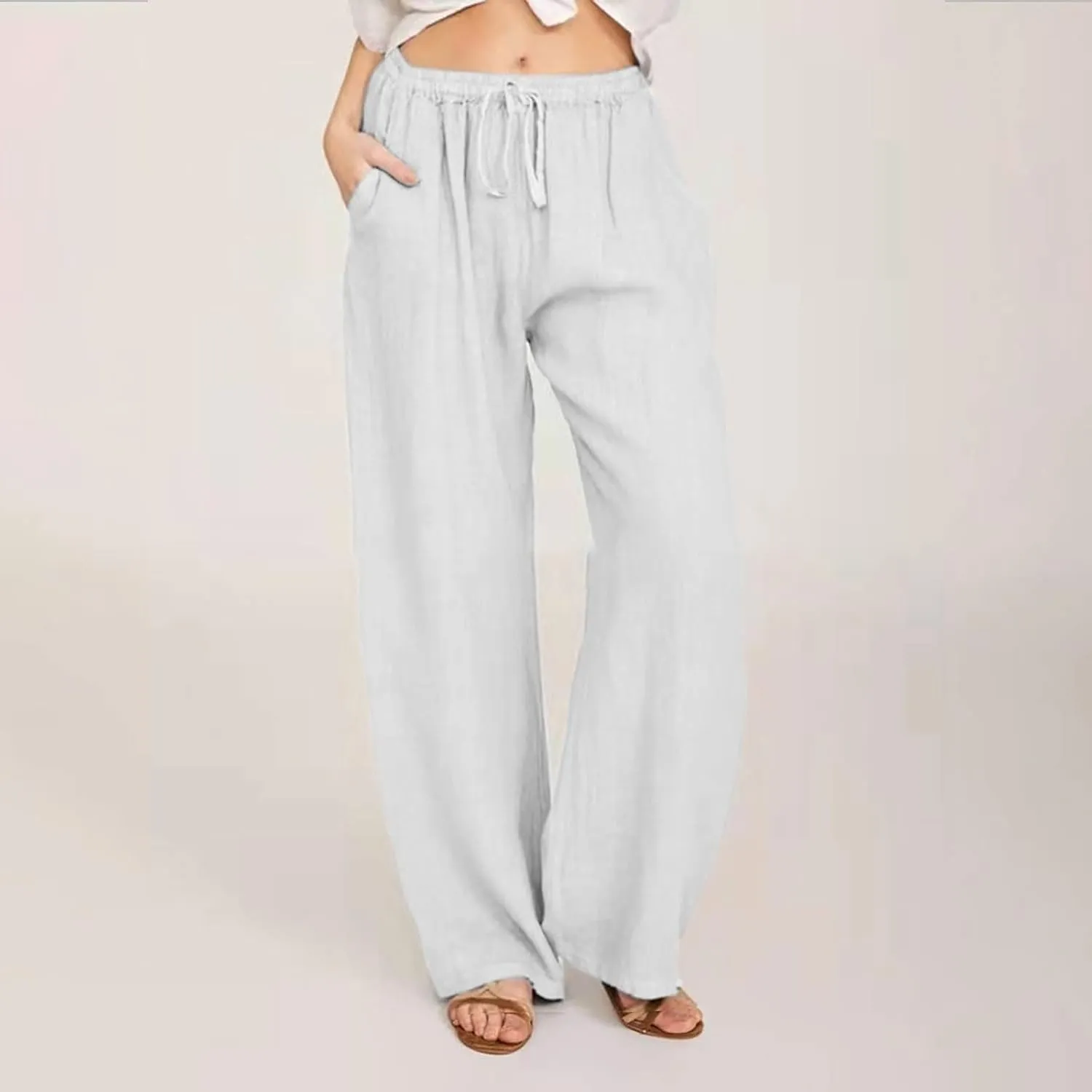 Summer Pants for Women Solid Color Casual Cotton Linen Pants 2025 Vacation Outfits Baggy Drawstring Trousers