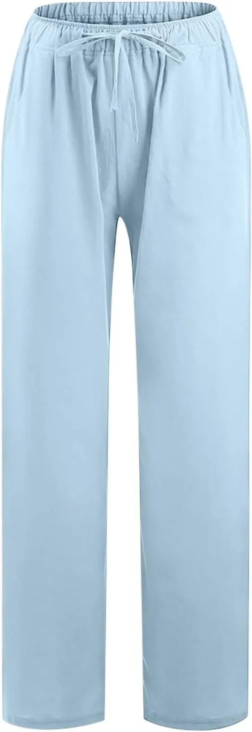 Summer Pants for Women Solid Color Casual Cotton Linen Pants 2025 Vacation Outfits Baggy Drawstring Trousers