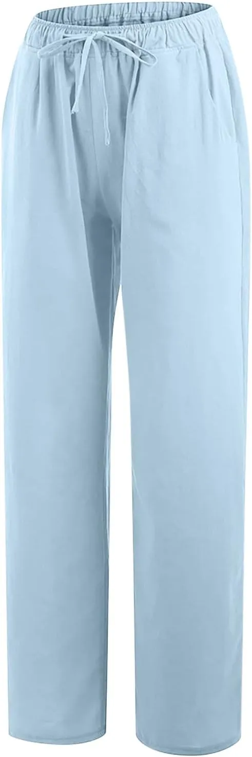 Summer Pants for Women Solid Color Casual Cotton Linen Pants 2025 Vacation Outfits Baggy Drawstring Trousers