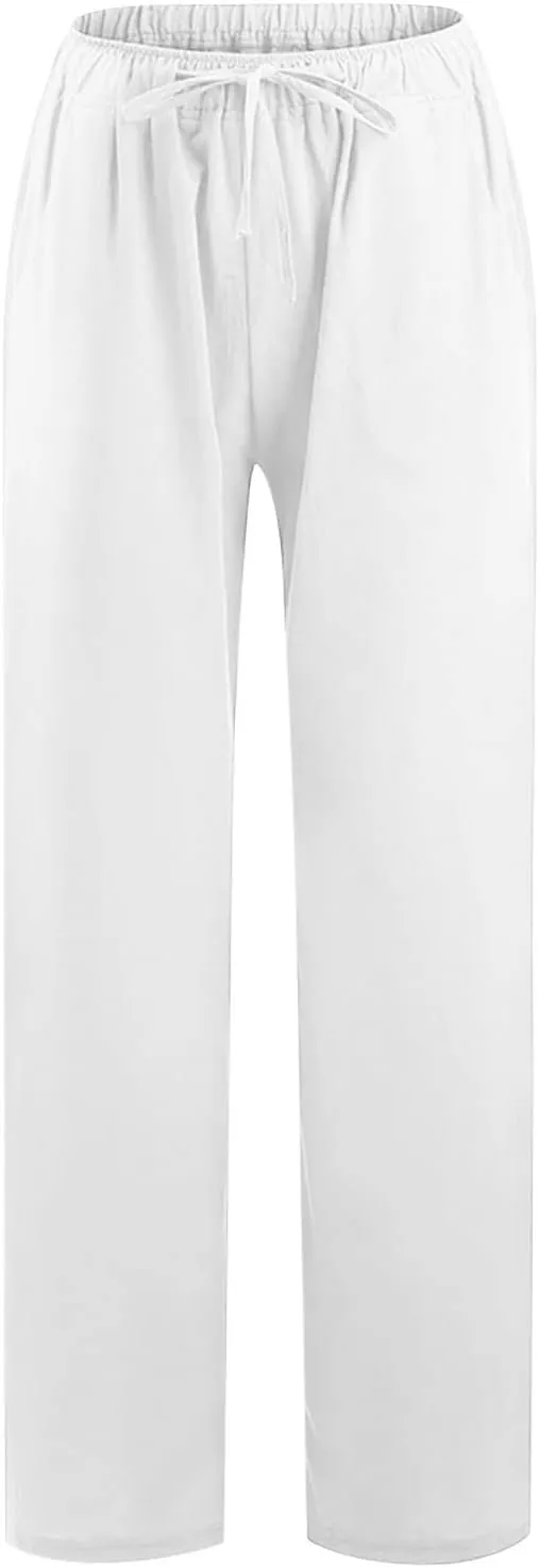 Summer Pants for Women Solid Color Casual Cotton Linen Pants 2025 Vacation Outfits Baggy Drawstring Trousers