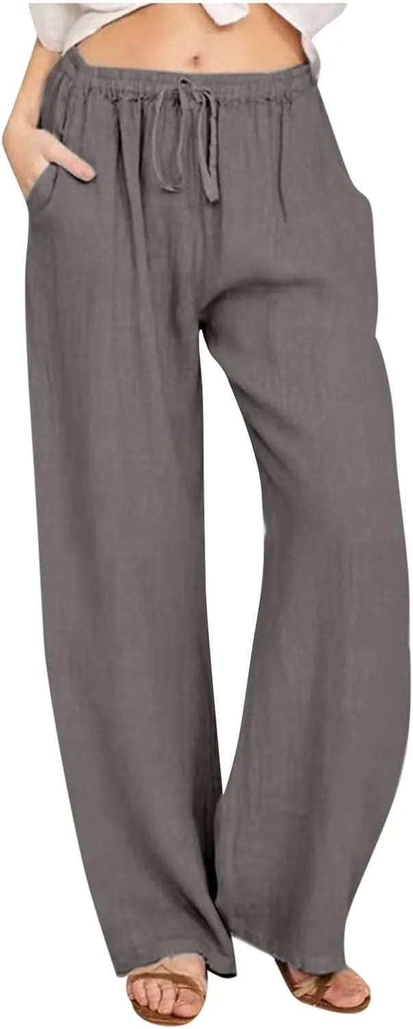 Summer Pants for Women Solid Color Casual Cotton Linen Pants 2025 Vacation Outfits Baggy Drawstring Trousers
